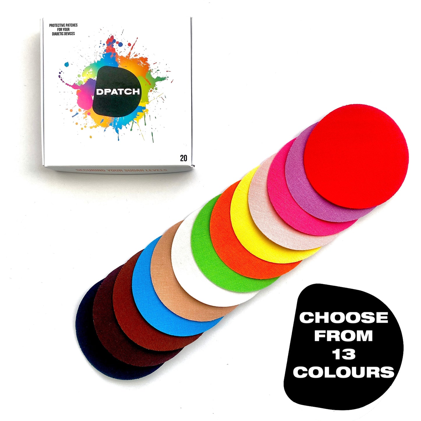 Simplera sensor cover patches circles with Dpatch branding and text 'Choose from 13 colours'.